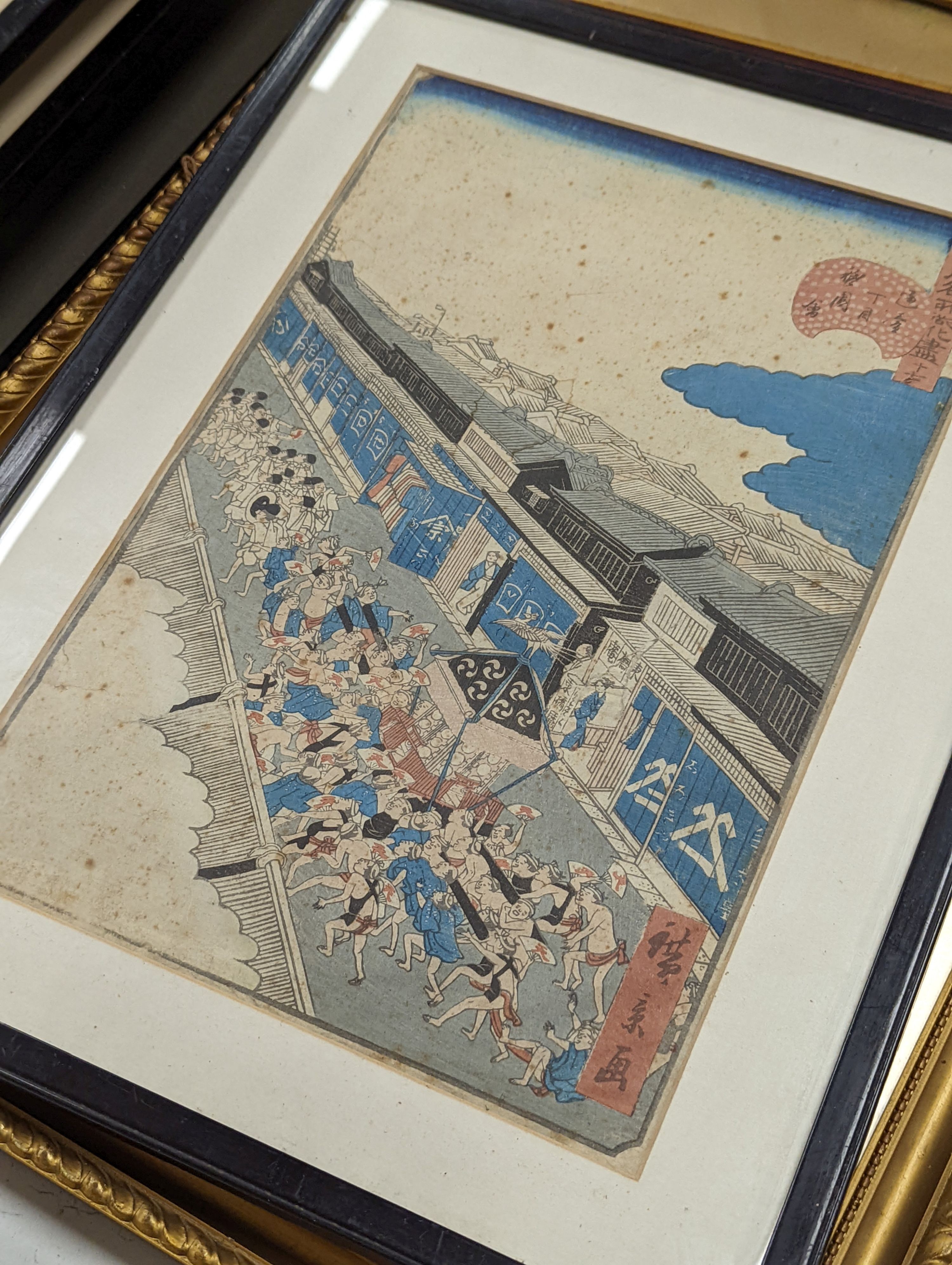Kunichika (1835-1905), woodblock print, Actors holding a letter, 35 x 25cm with ten other assorted woodblock prints